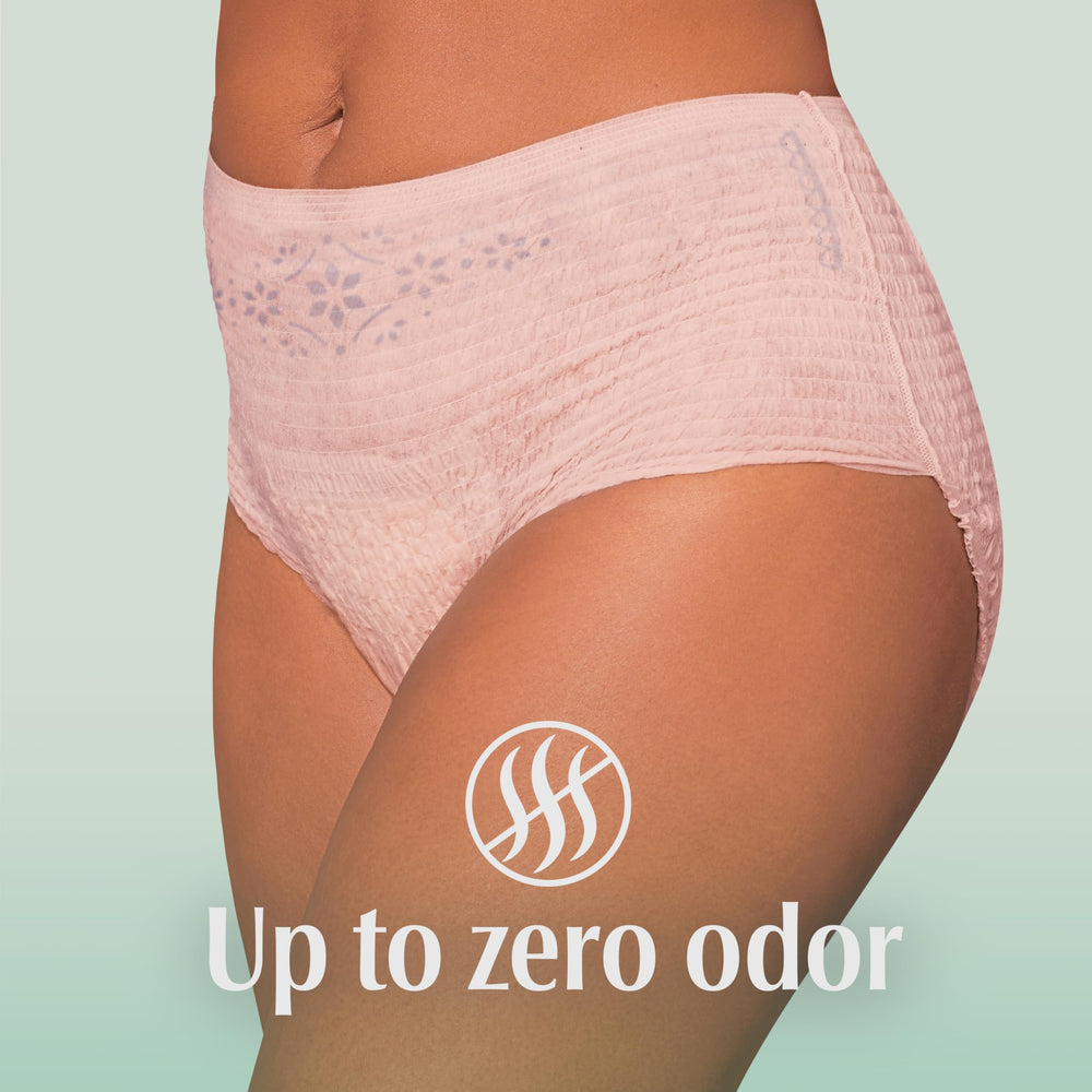 Depend ODORBLOCK label closeup showing odor control technology for fresher confidence