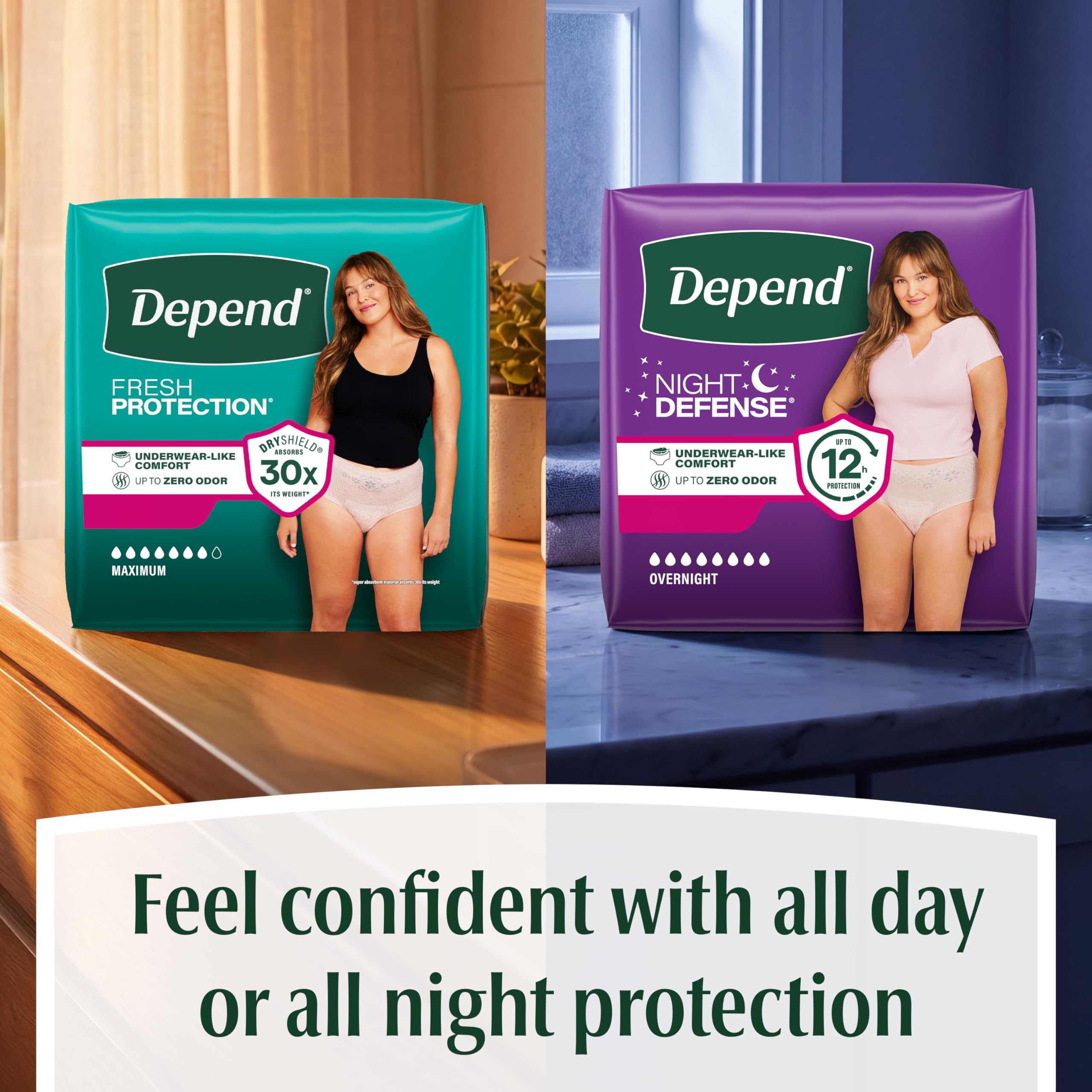 Depend open pack displaying individual briefs for easy access and portion visibility