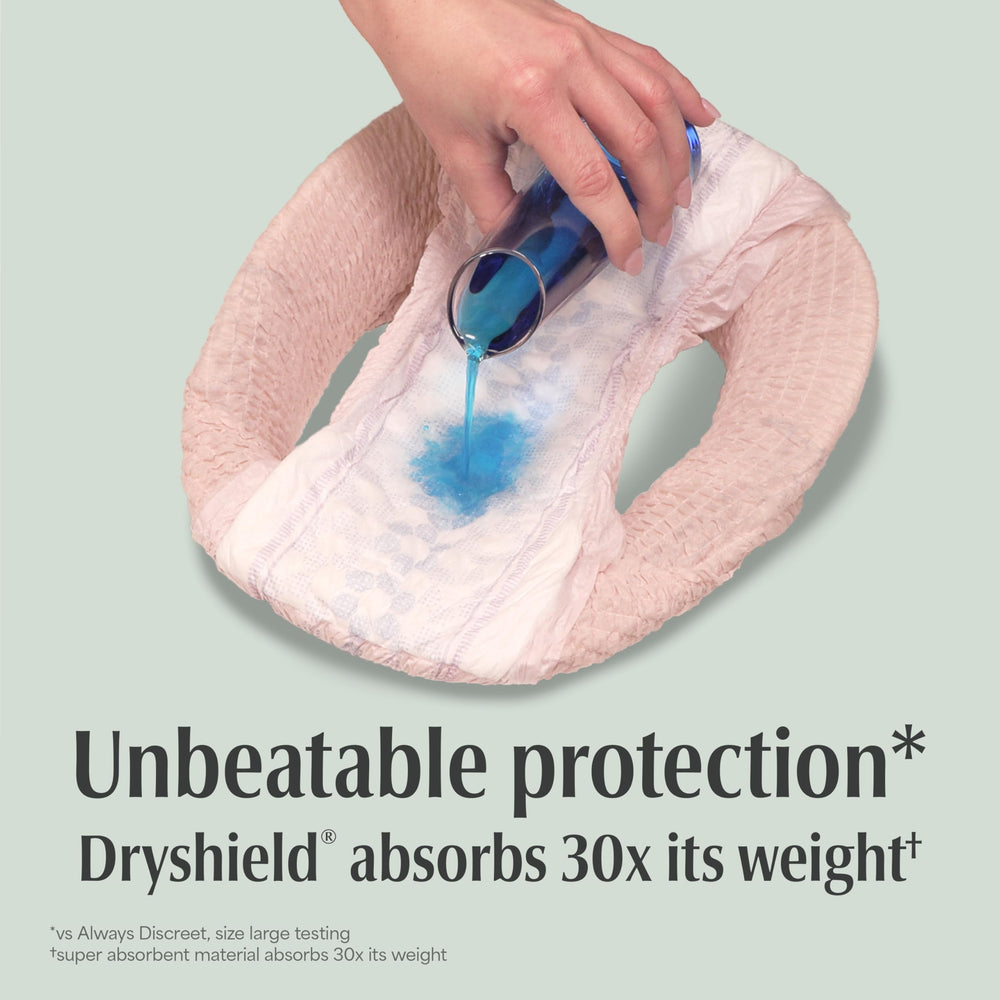 Depend brief worn by woman in casual outfit demonstrating discreet protection under clothes