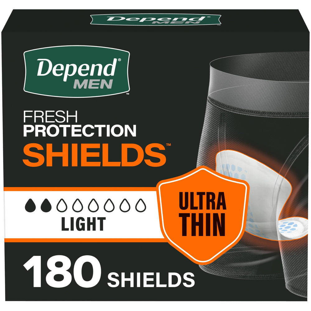Depend envase frontal mostrando 180 protectores y conveniencia