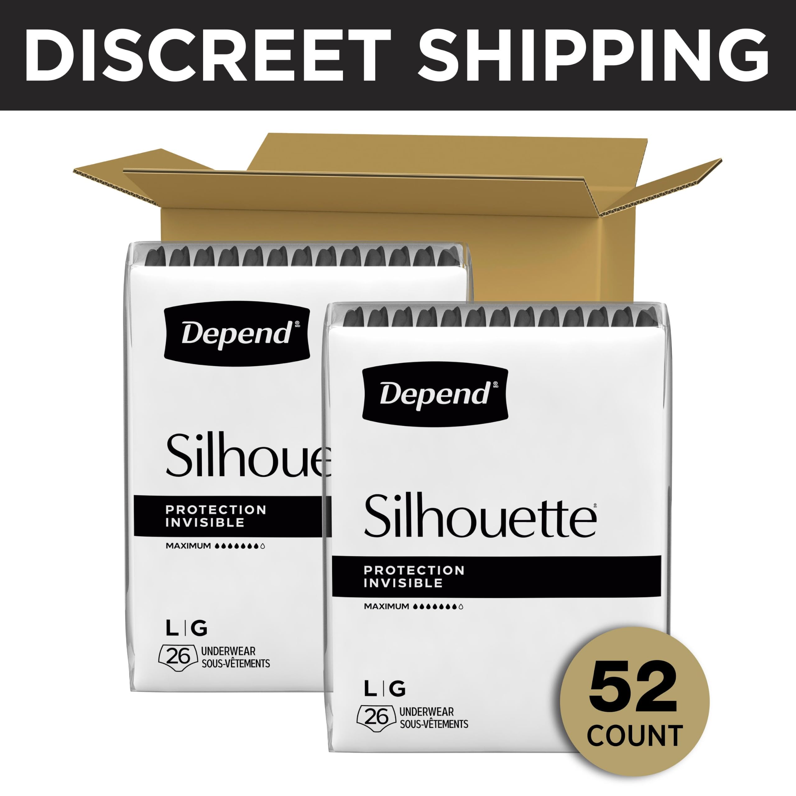 Depend silhouette back features label highlighting absorbency and benefits