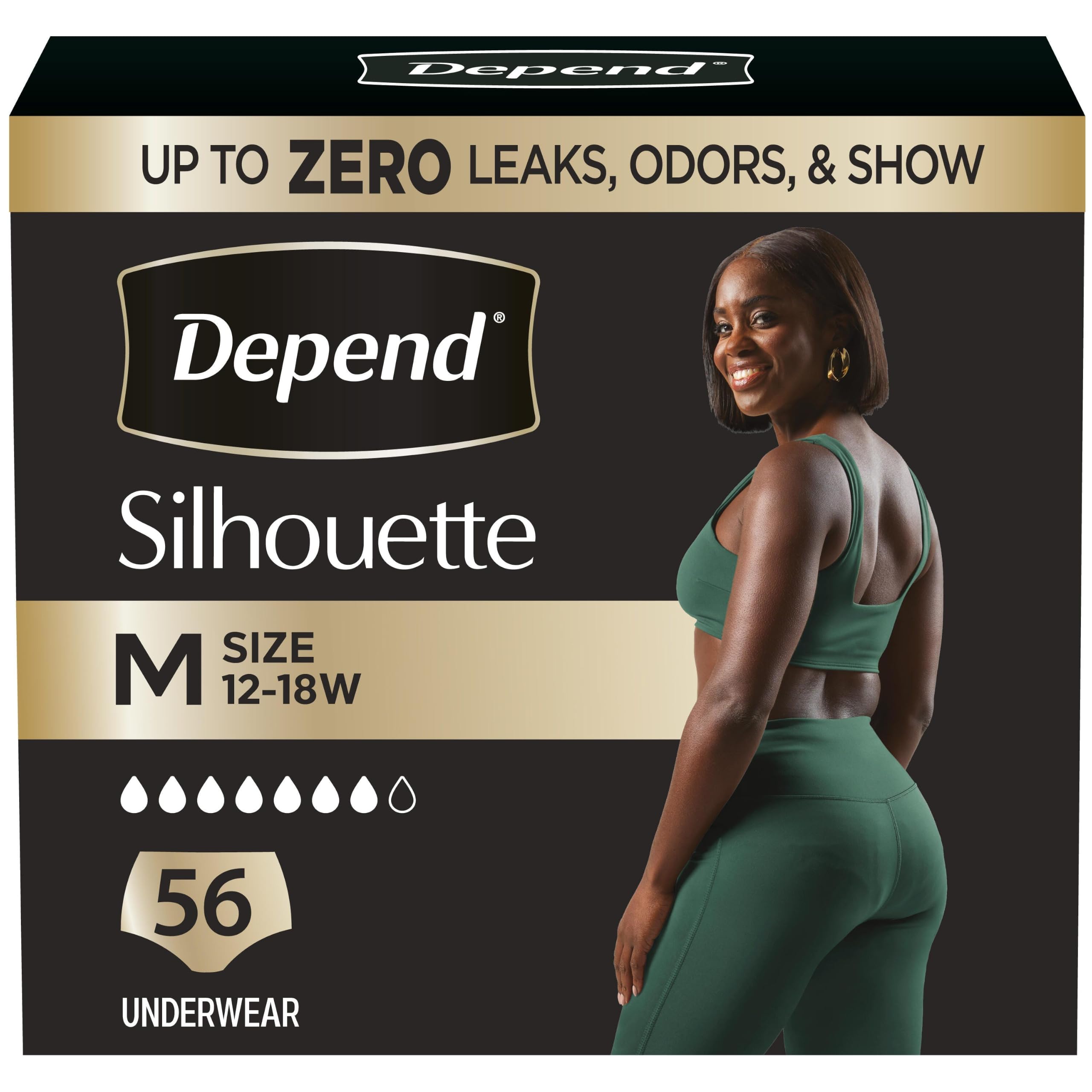 Depend silhouette front packaging shows product and benefits visibly