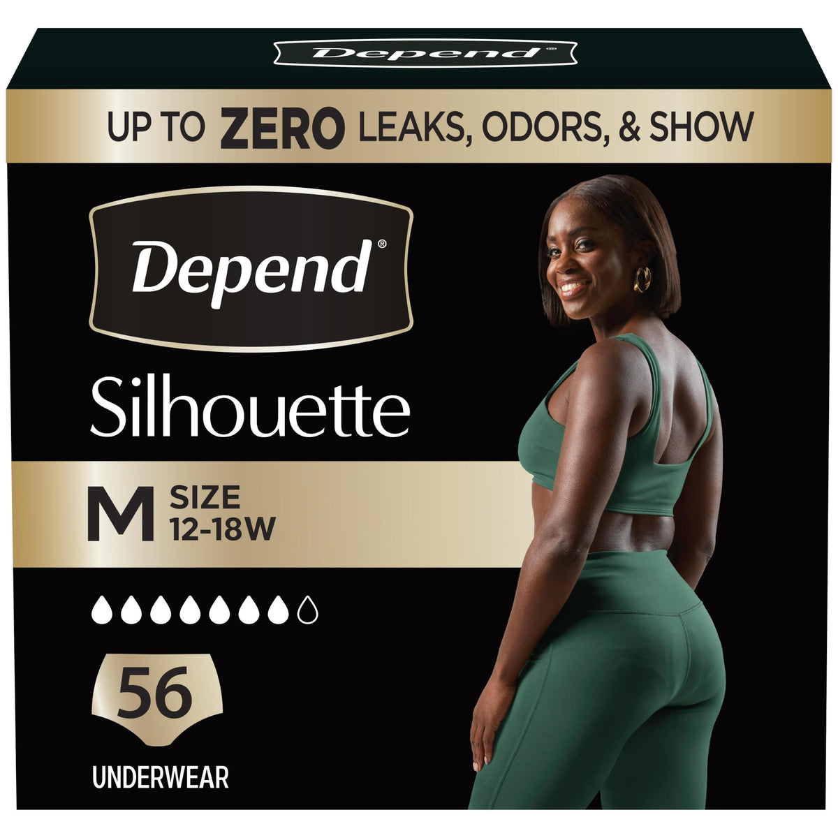 Depend Silhouette vista frontal del empaque mostrando cantidad y talla