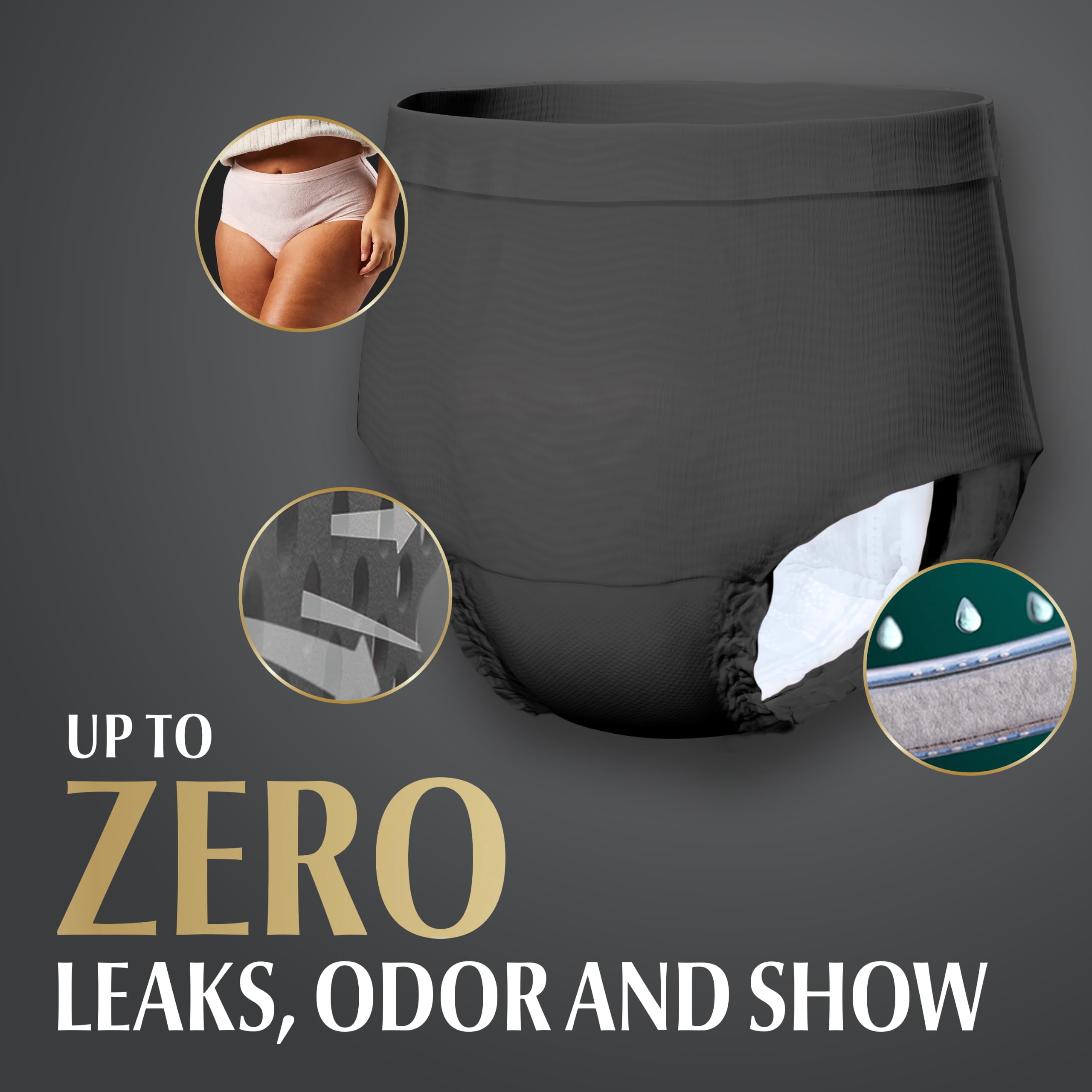 Depend silhouette stretch waistband detail illustrating secure fit benefit
