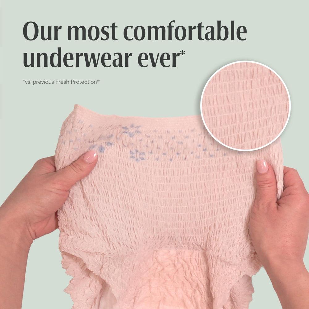 Depend size chart image showing XXL waist range for correct fit and sizing confidence
