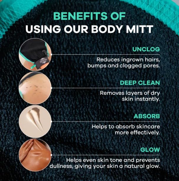 Dermasuri guante en uso bajo la ducha para piel más suave y luminosa