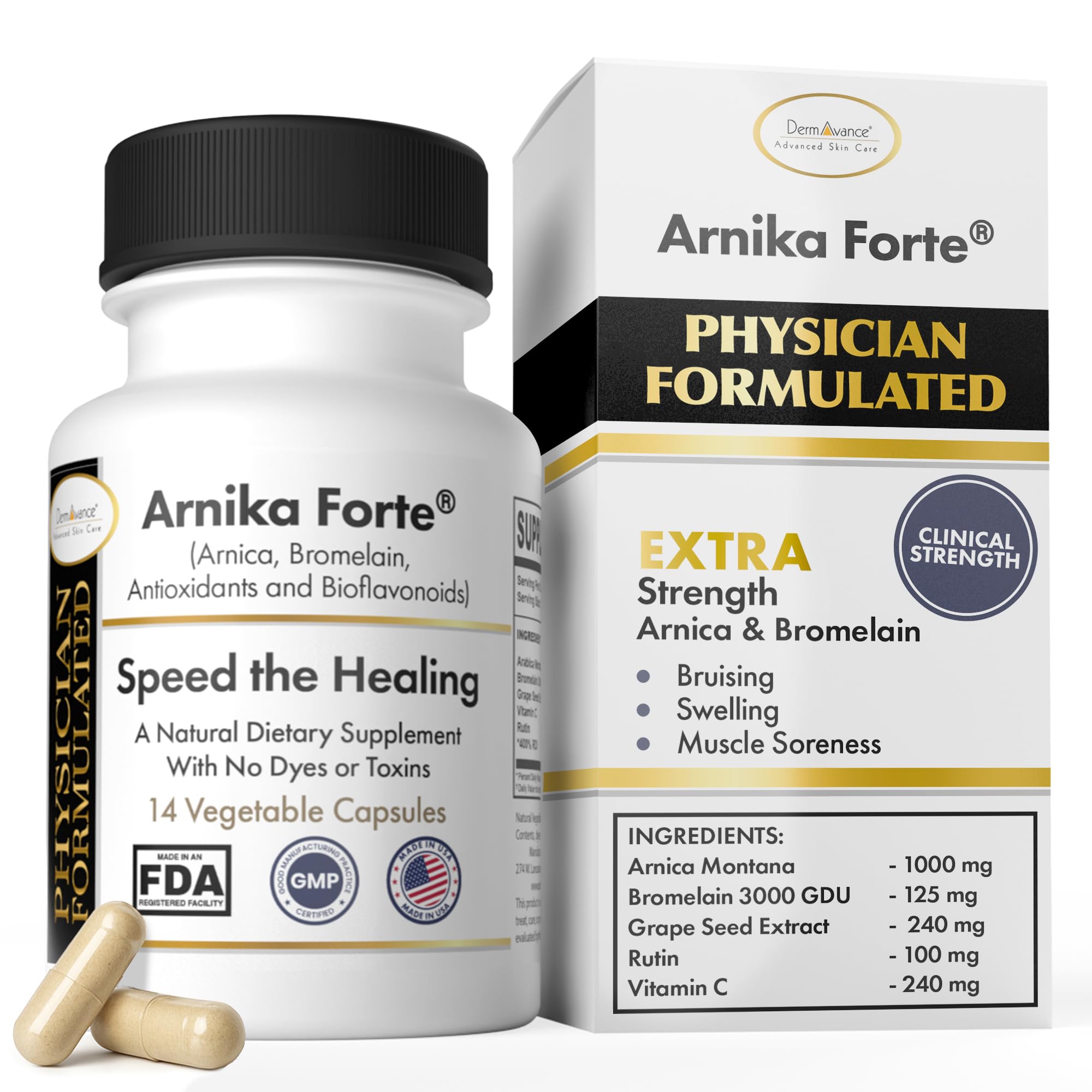 DermAvance Arnika Forte vista frontal, ayuda a reducir hematomas