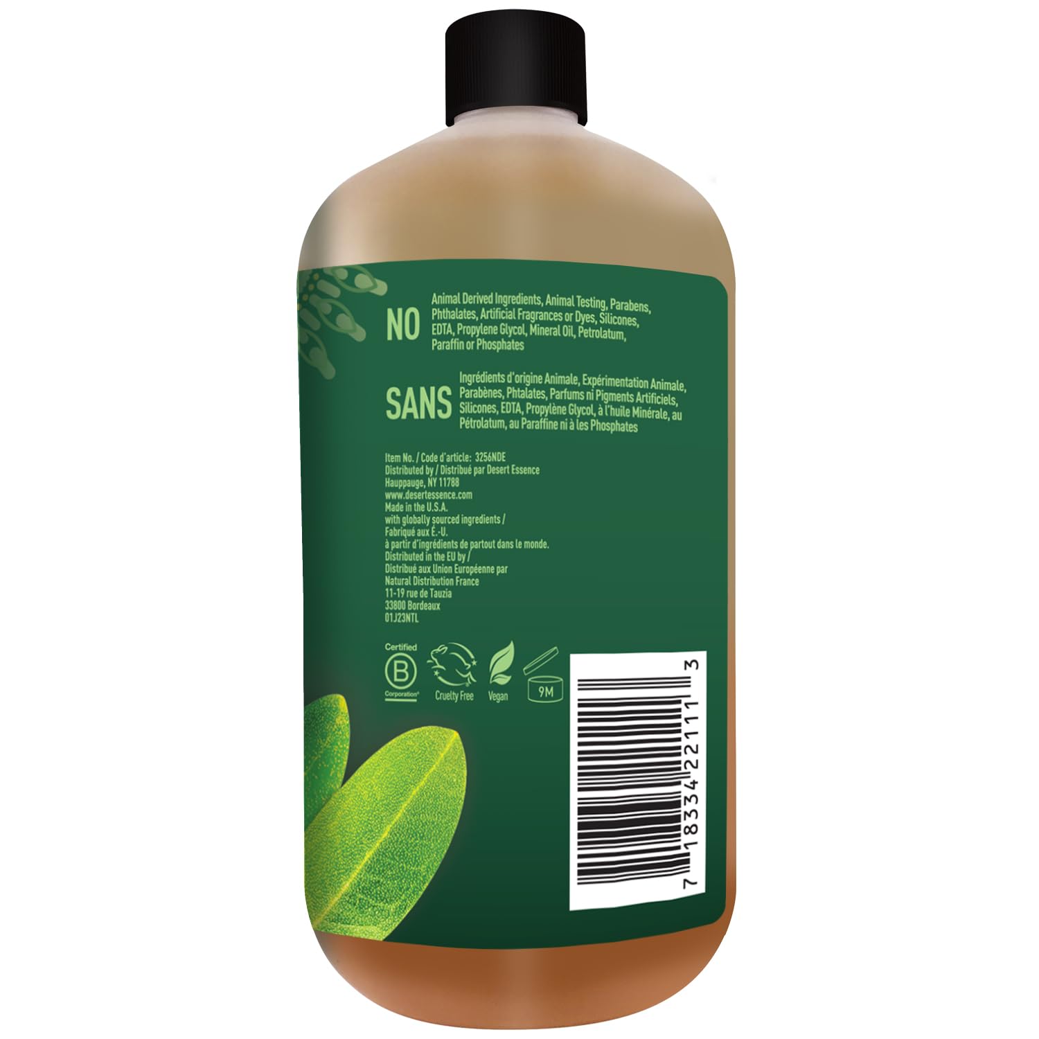 Assorted botanicals with Desert Essence bottle showing natural ingredient sources