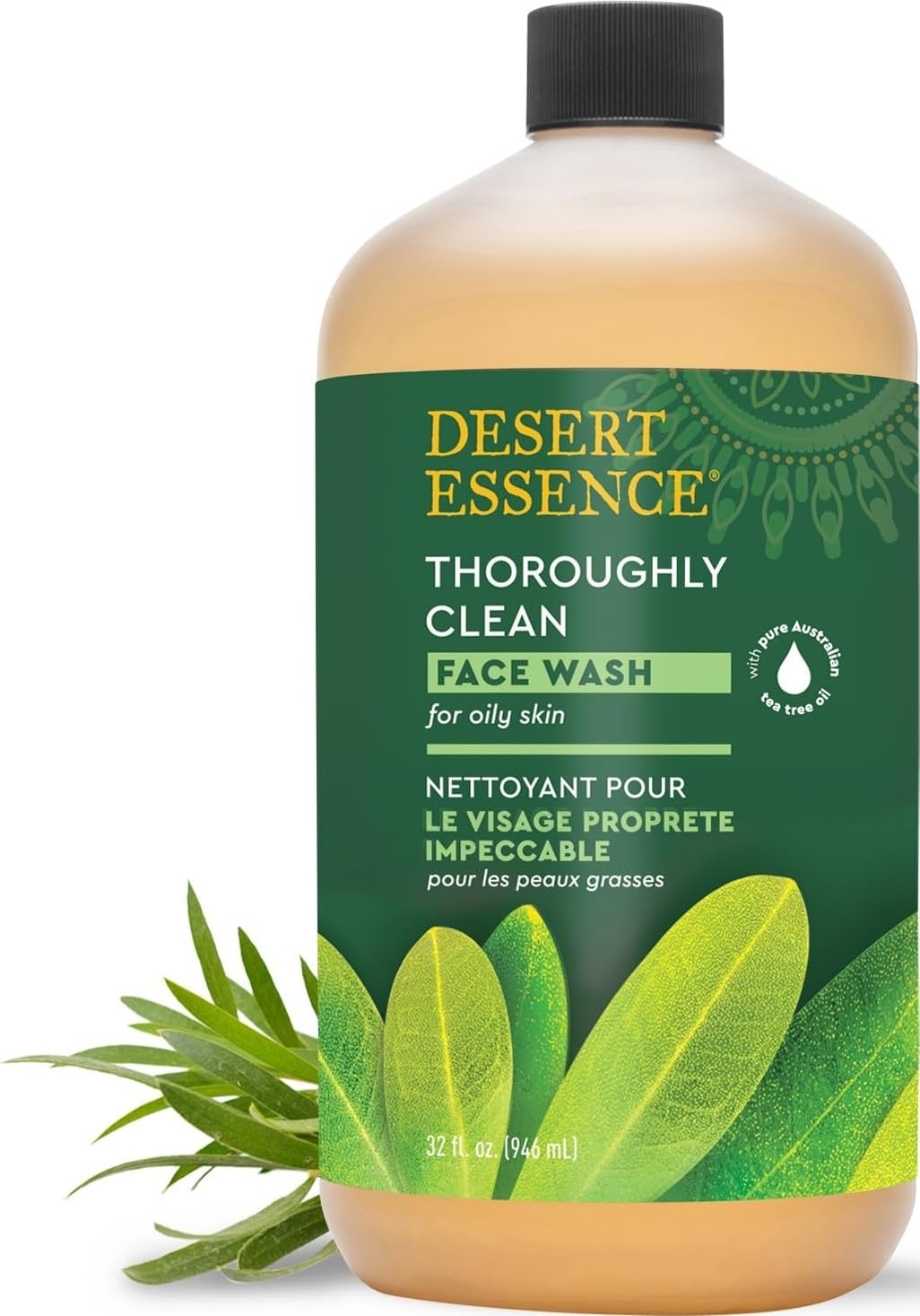 Desert Essence front packaging showing 32 fl oz bottle and clear branding for value