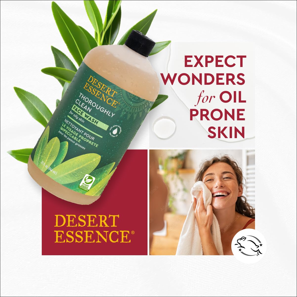 Desert Essence bottle on bathroom vanity illustrating daily skincare routine placement