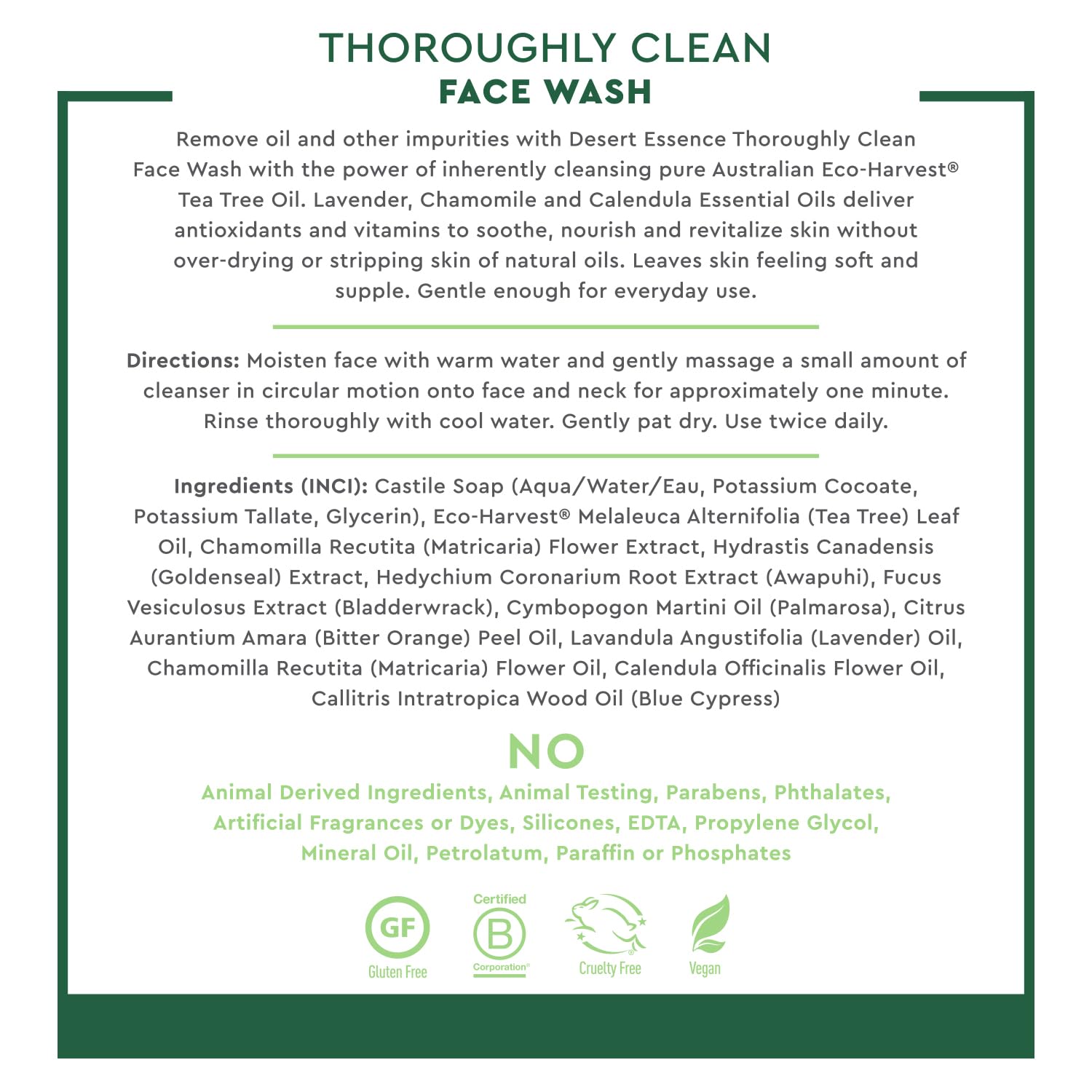 Desert Essence ingredients label showing tea tree and botanical extracts list