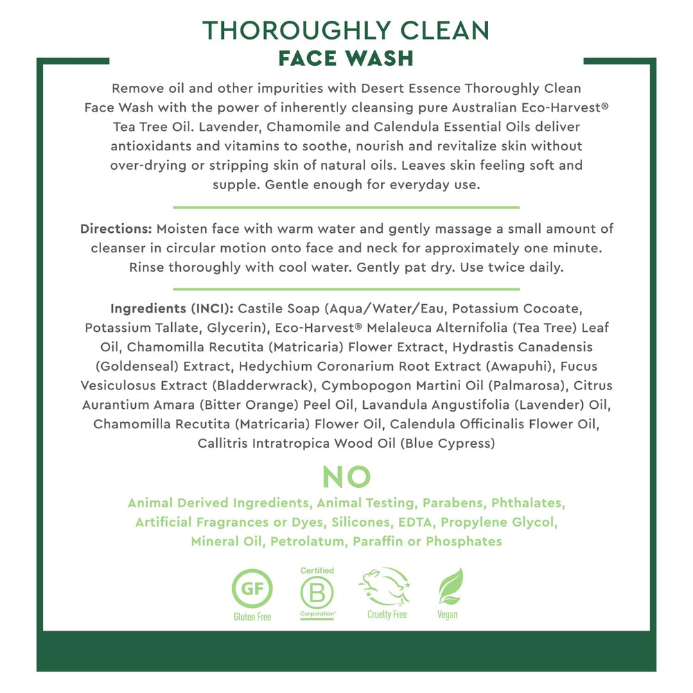 Desert Essence ingredients label showing tea tree and botanical extracts list