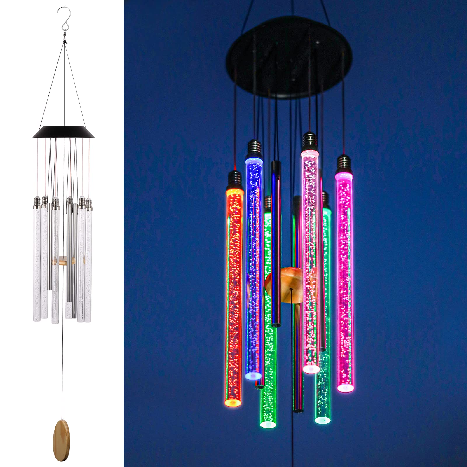 DesGully front view showing full 37-inch solar wind chime and colorful glow