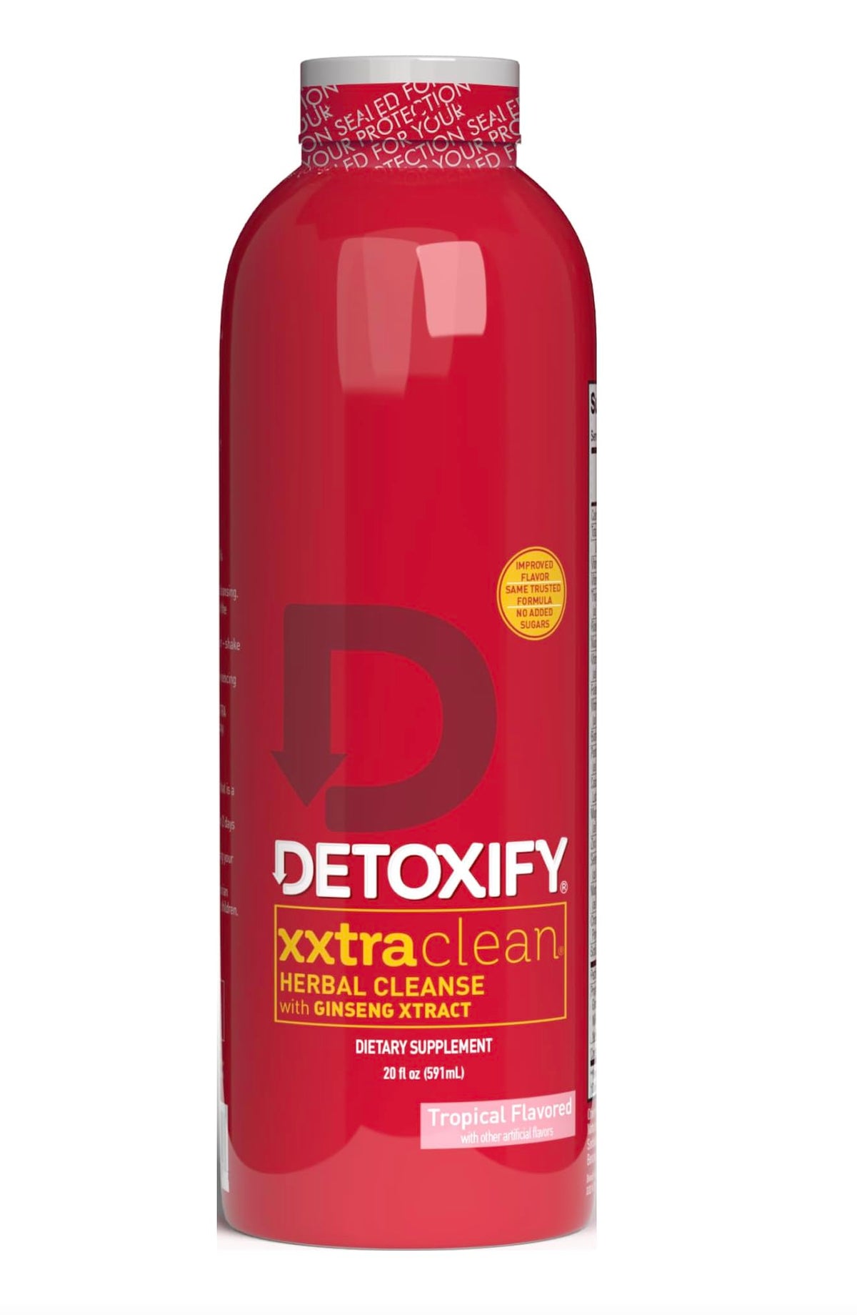 Detoxify botella frontal mostrando Xxtra Clean Herbal y ventaja de fórmula extra fuerte