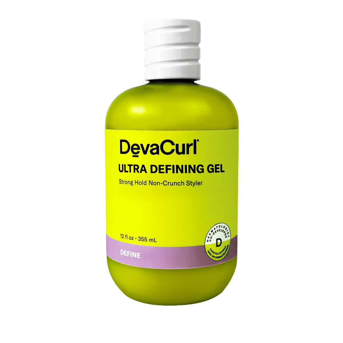 DevaCurl envase frontal del gel mostrando fijación fuerte y tamaño