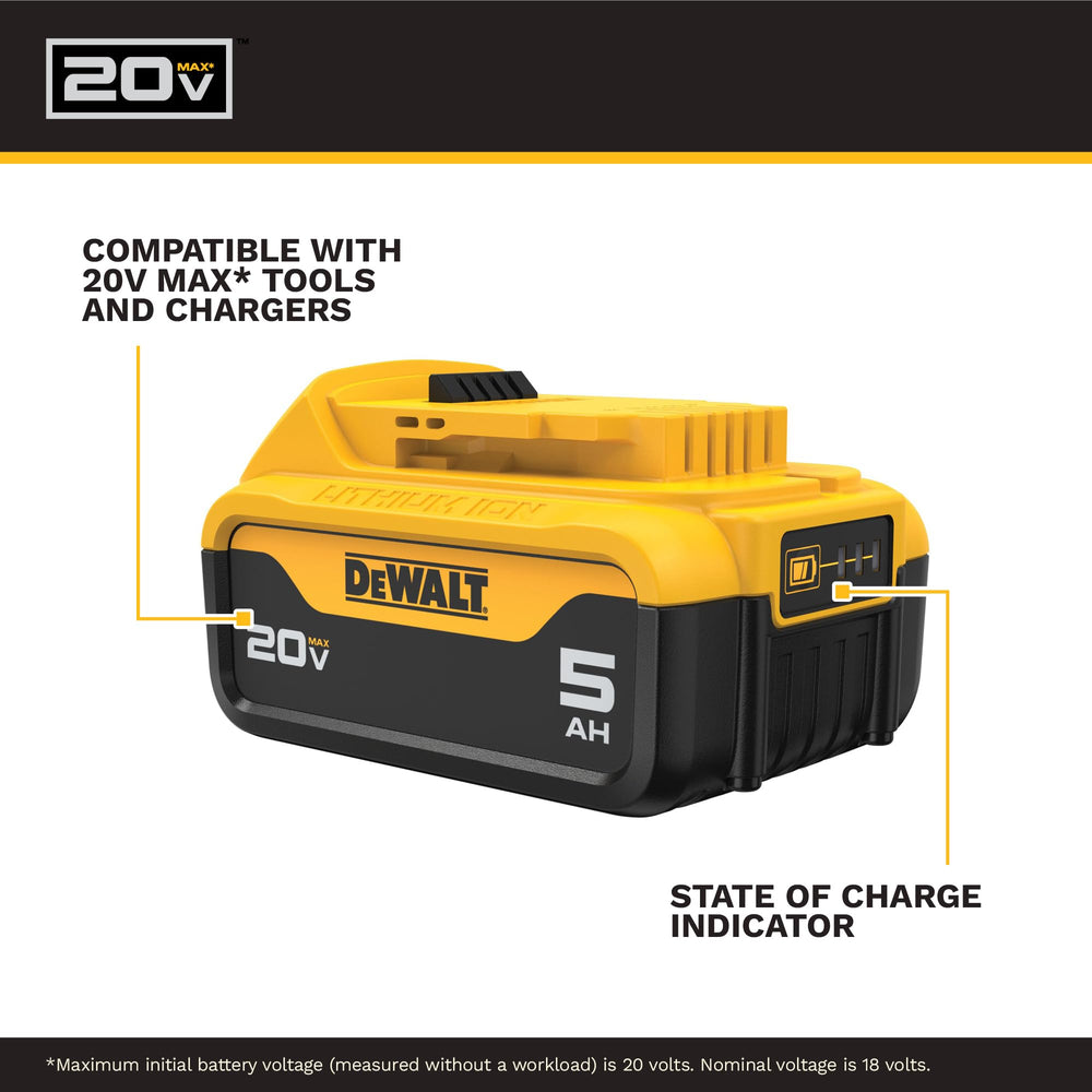 DEWALT battery side label highlighting 5.0Ah capacity and runtime benefit