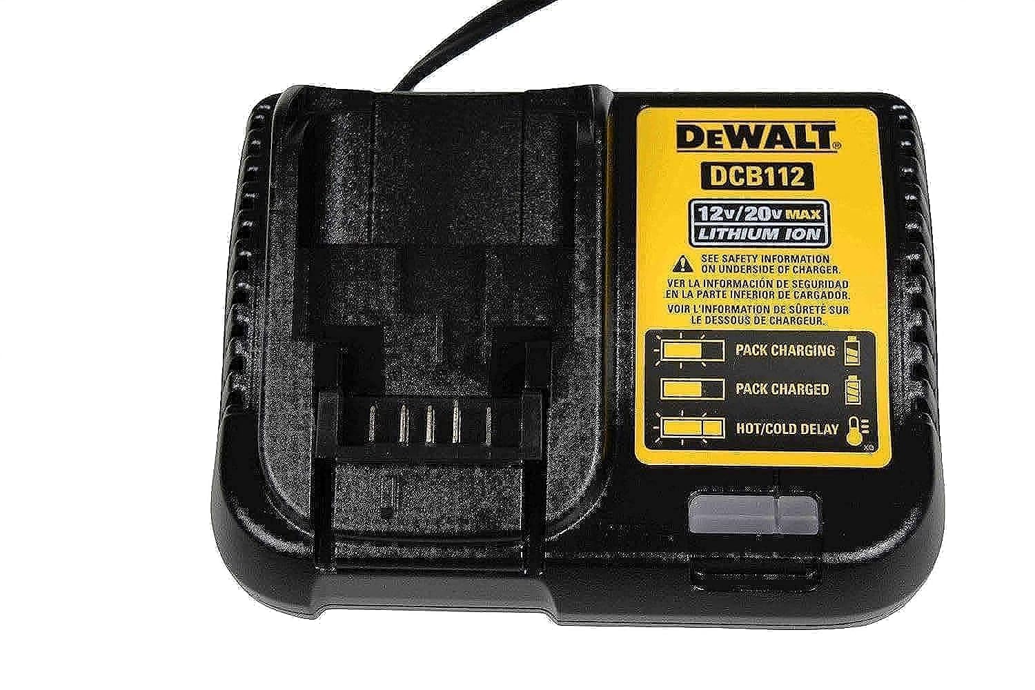 DEWALT cargador DCB112 vista frontal mostrando conexiones y encaje, calidad original