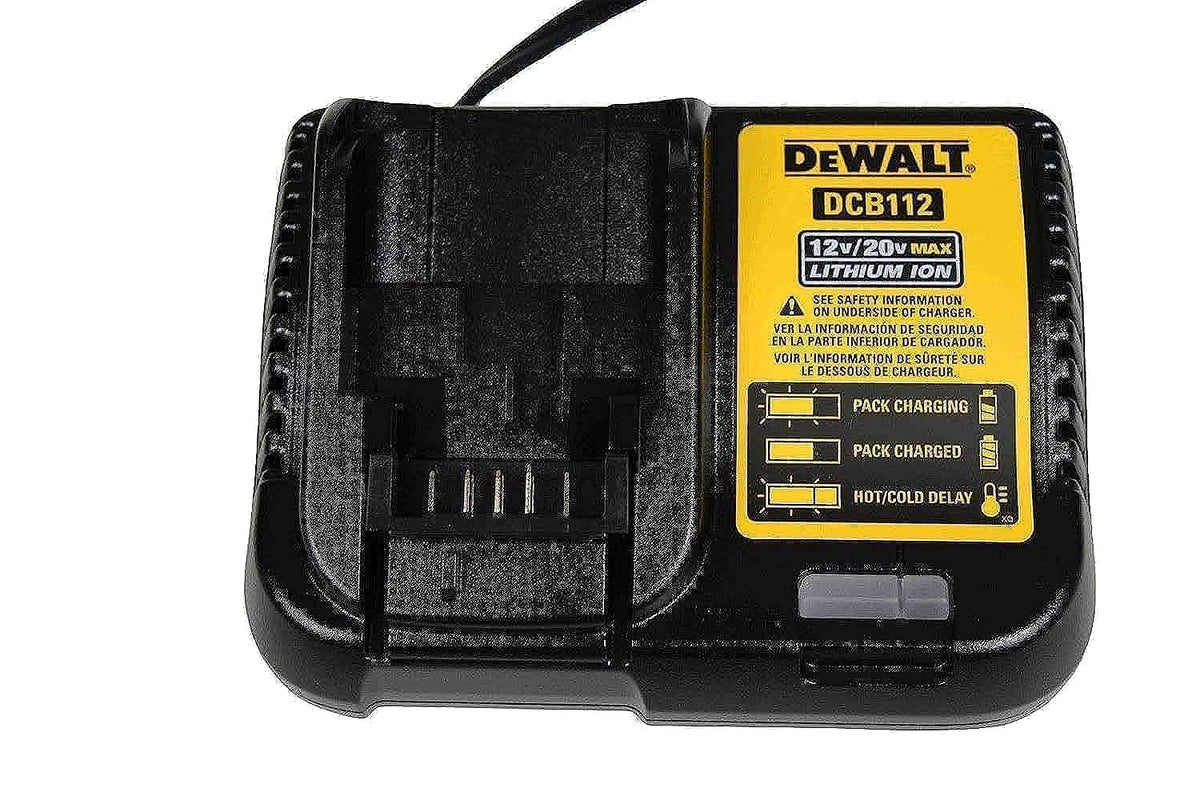 DEWALT cargador DCB112 vista frontal mostrando conexiones y encaje, calidad original