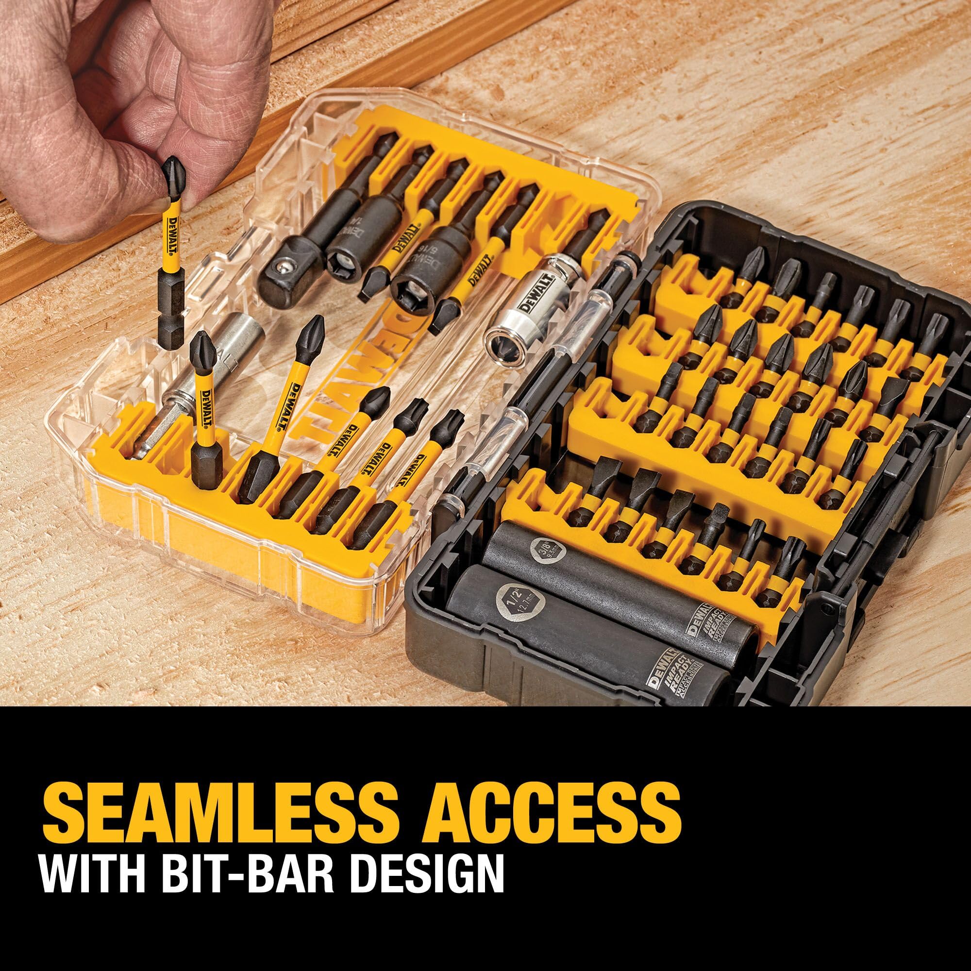 Estuche DEWALT con tapa transparente que facilita ver las puntas al instante
