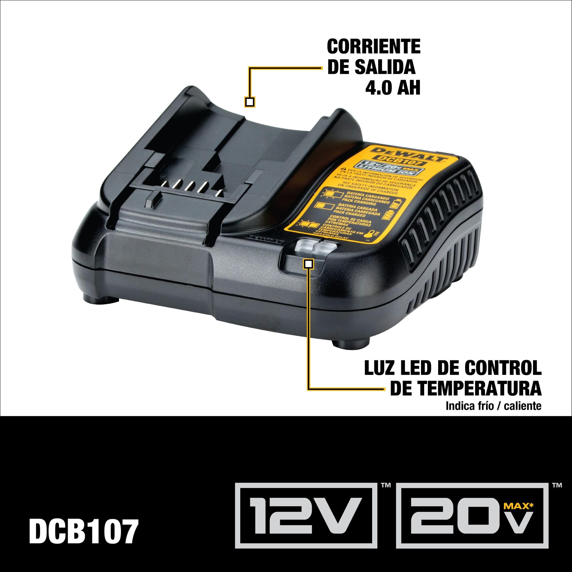 DEWALT DCB107 close-up del LED diagnóstico indicando estado de batería