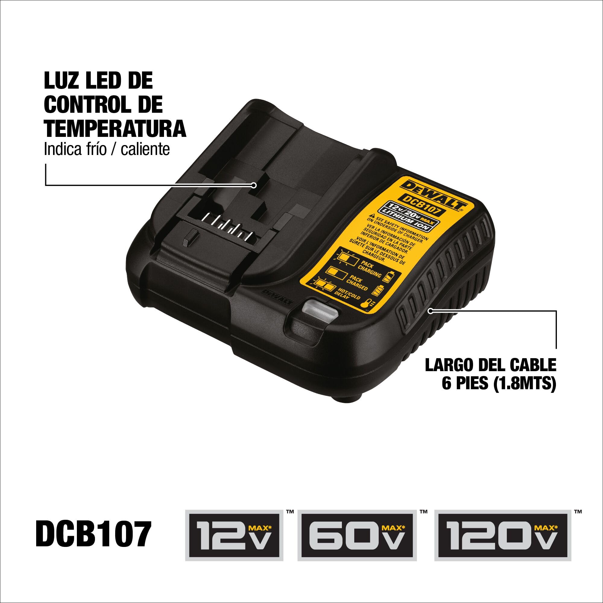DEWALT DCB107 en uso con batería y herramienta, reduce tiempos de inactividad