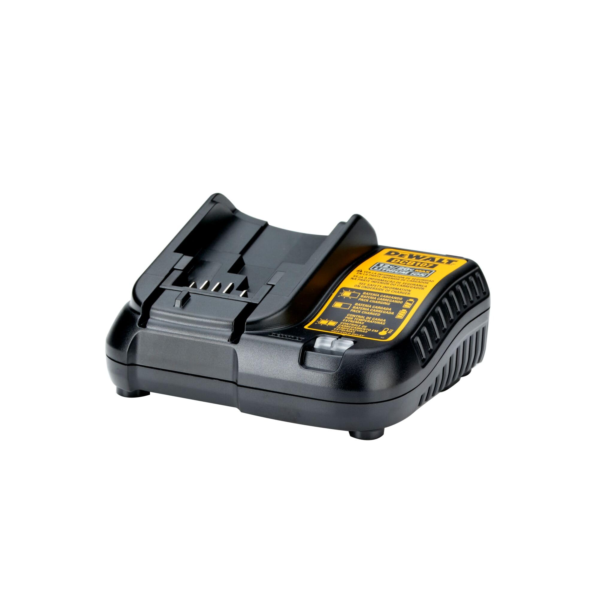 DEWALT cargador DCB107 frontal mostrando enchufe y carcasa, carga rápida