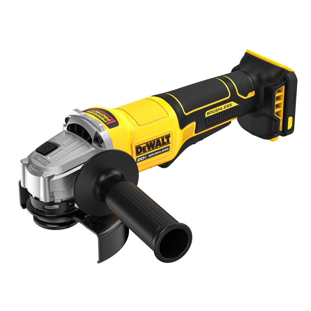 DEWALT grinder in use cutting rebar on jobsite showcasing cordless mobility