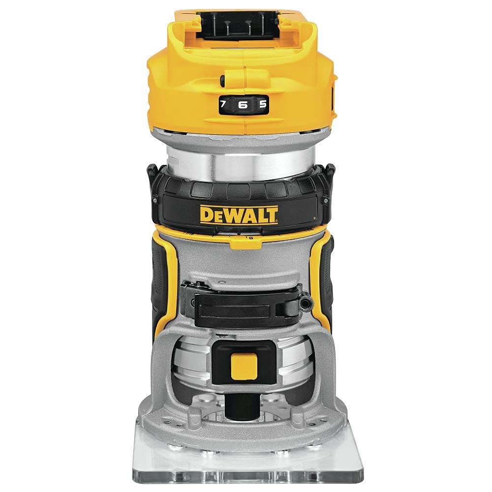 DEWALT DCW600B front view showing compact router and ergonomic grip for control