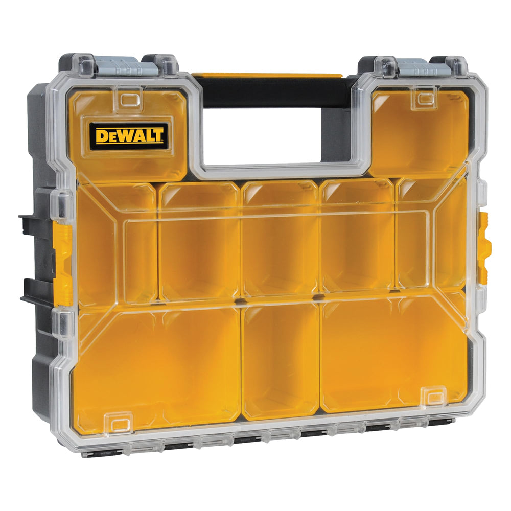DEWALT detalle de cierres metálicos anti óxido y asa integrada para transporte seguro