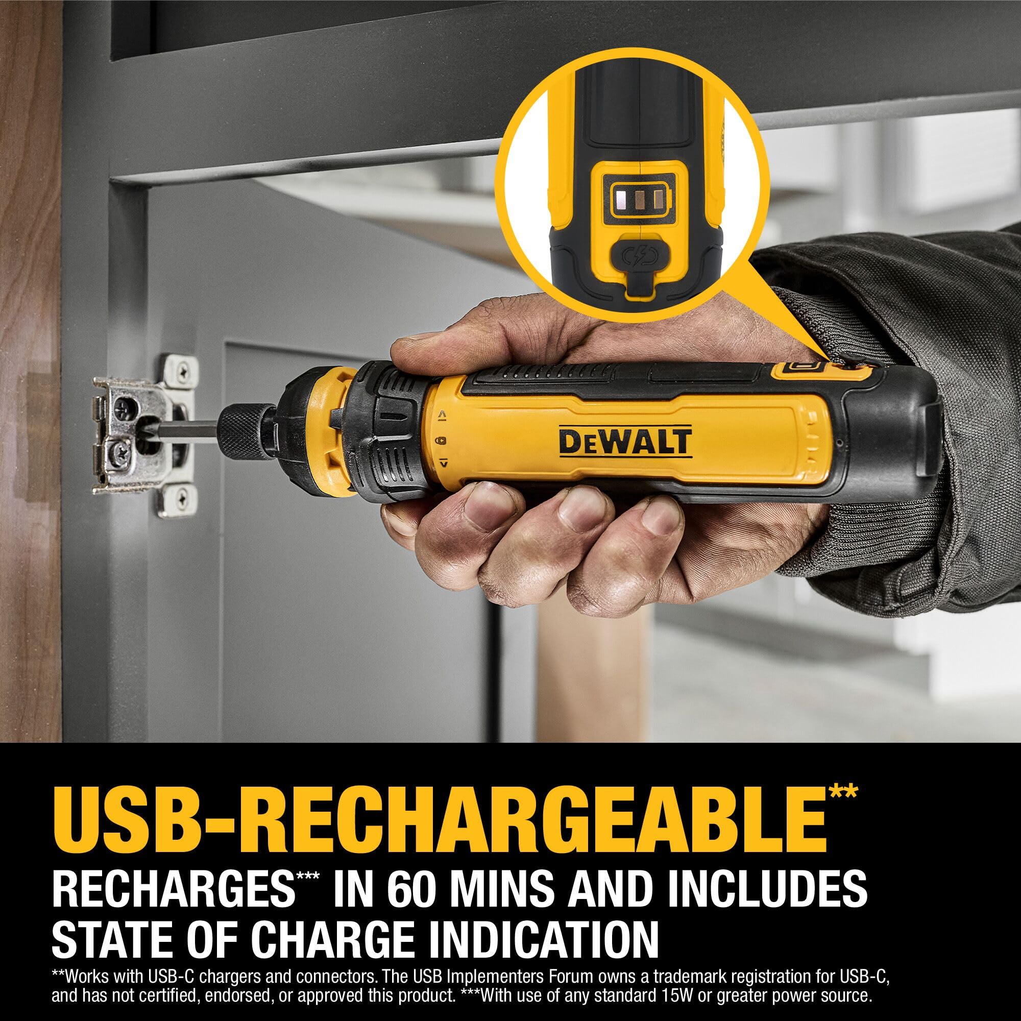 DEWALT screwdriver in use assembling furniture demonstrating speed and control advantage