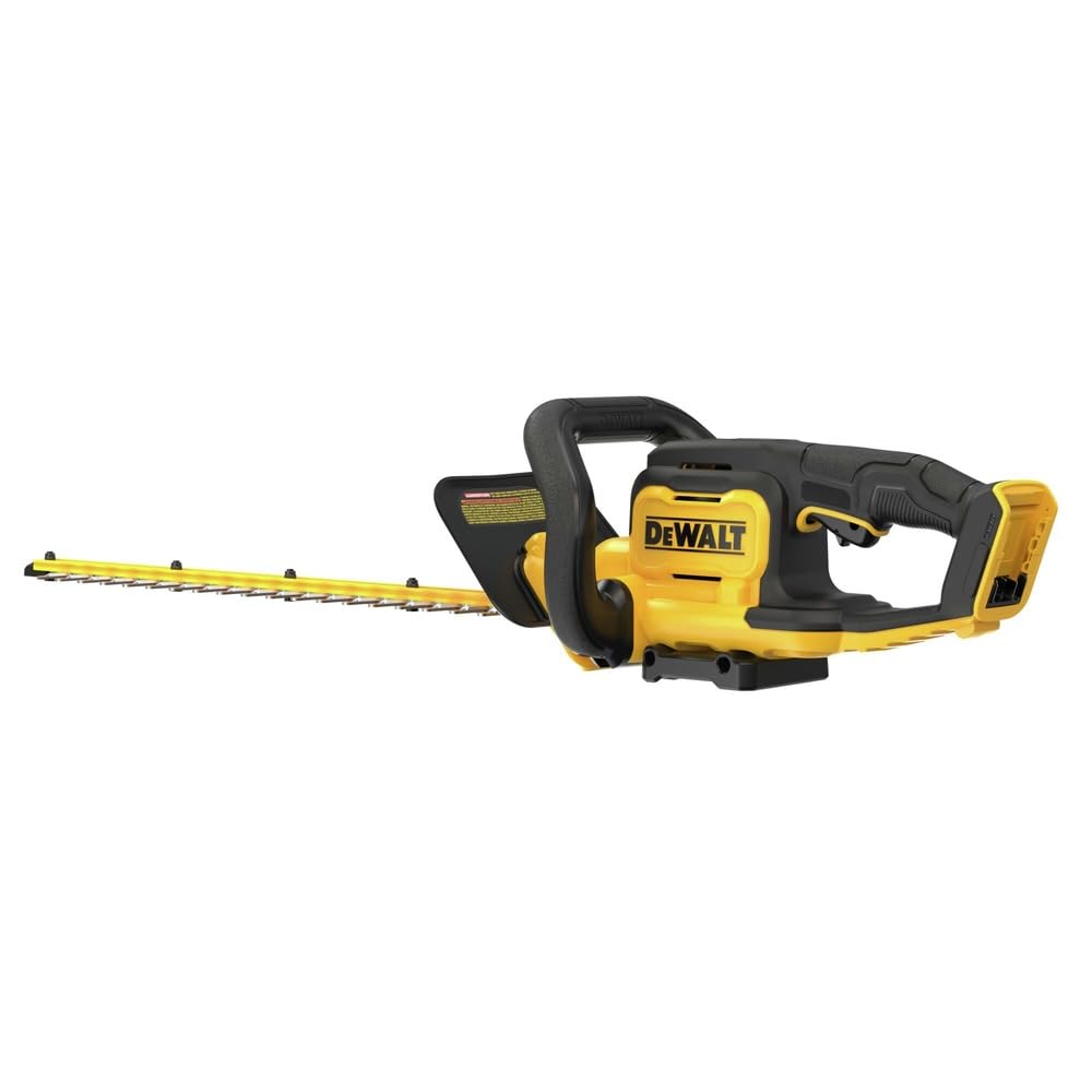 DEWALT trimmer in use on a hedge demonstrating efficient cordless trimming