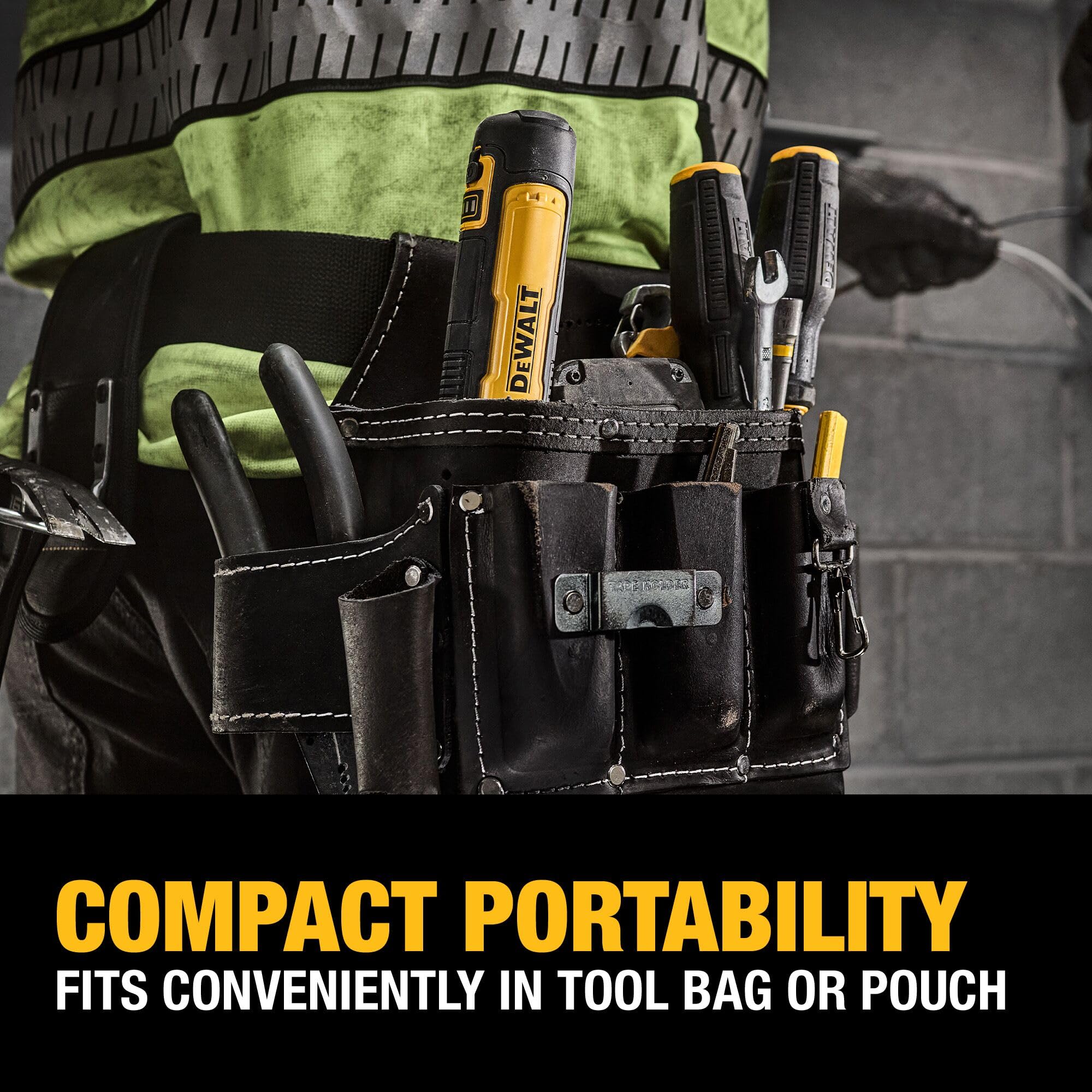 DEWALT LED work light illuminating a dark screw location to improve visibility on jobs