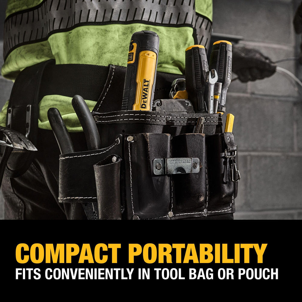 DEWALT LED work light illuminating a dark screw location to improve visibility on jobs