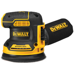 DEWALT orbital sander front view showing compact body and pad, precise control