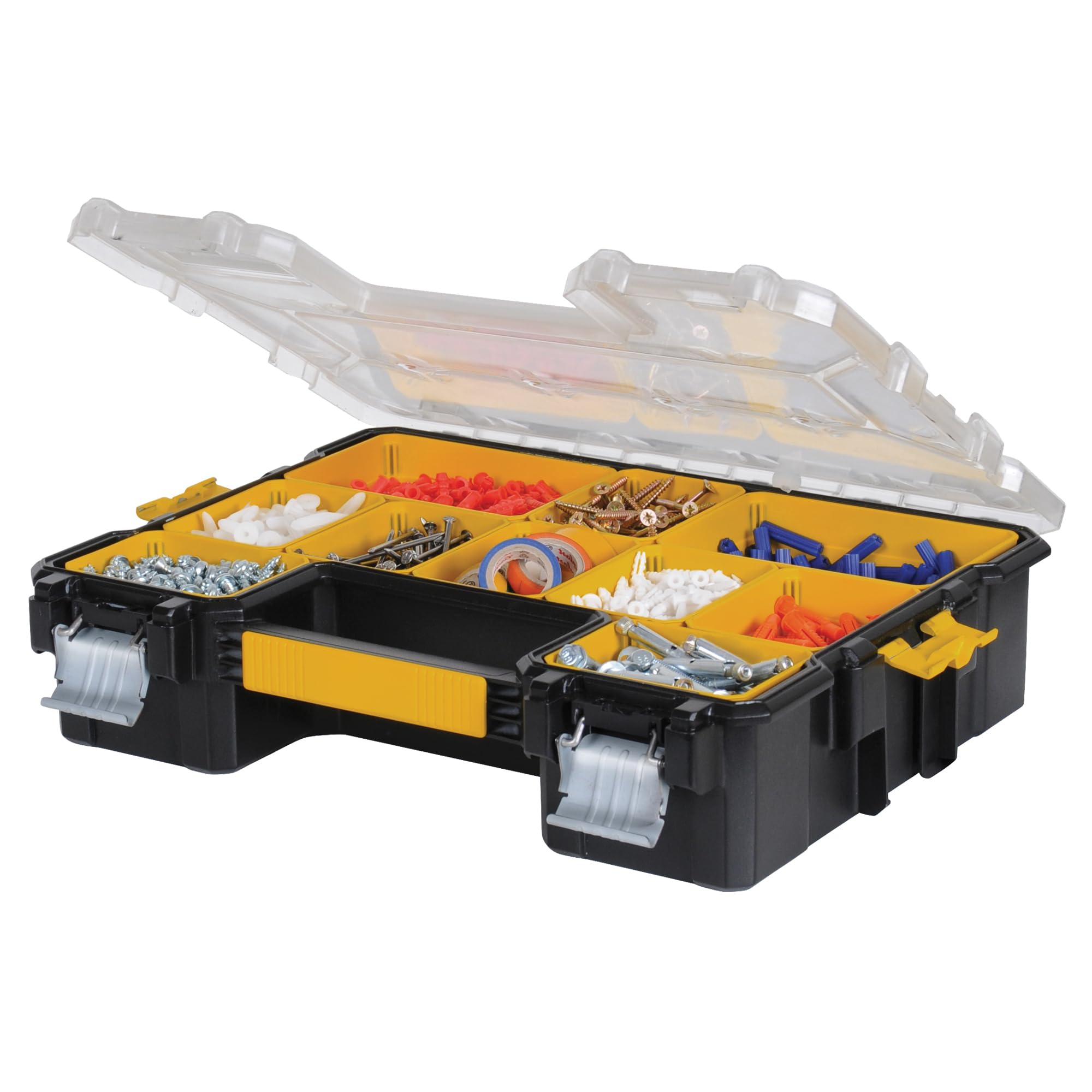 DEWALT organizador frontal abierto mostrando 10 compartimentos y cubetas extraíbles para orden
