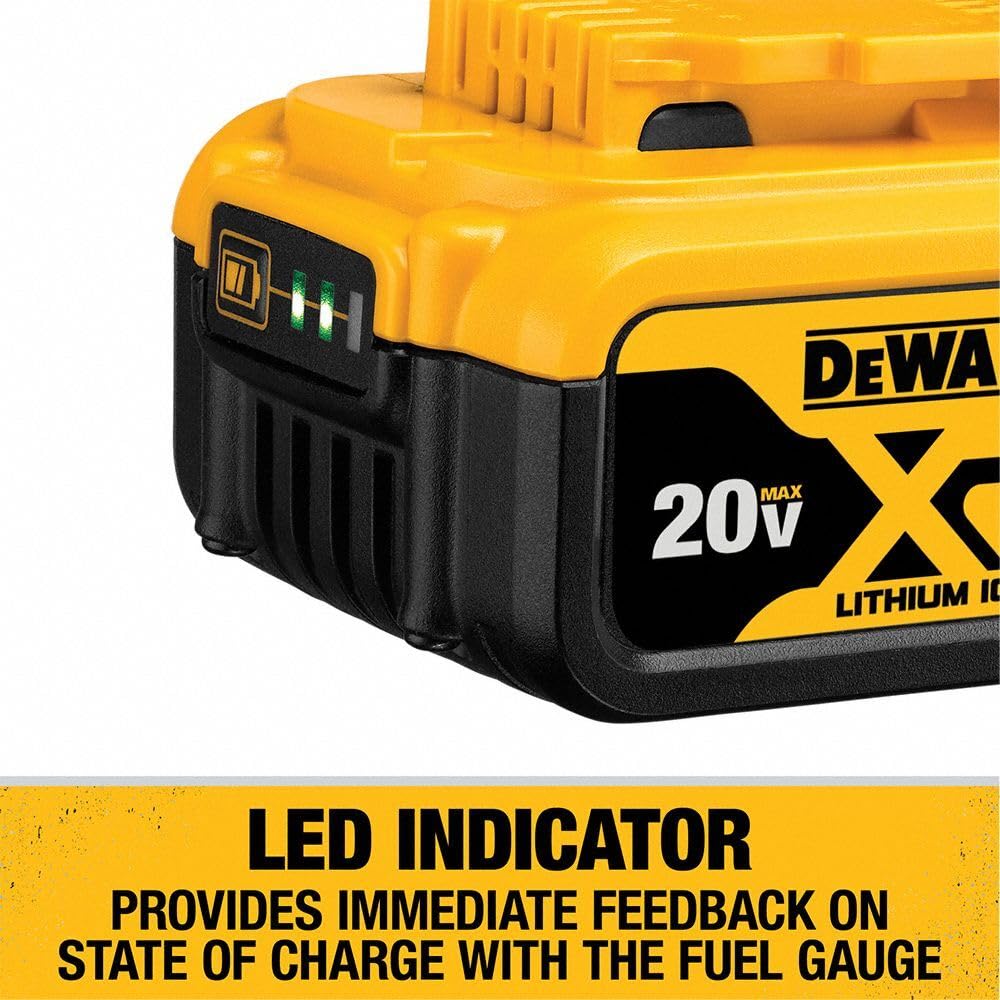 DEWALT retail packaging and label showing included twin DCB205 batteries