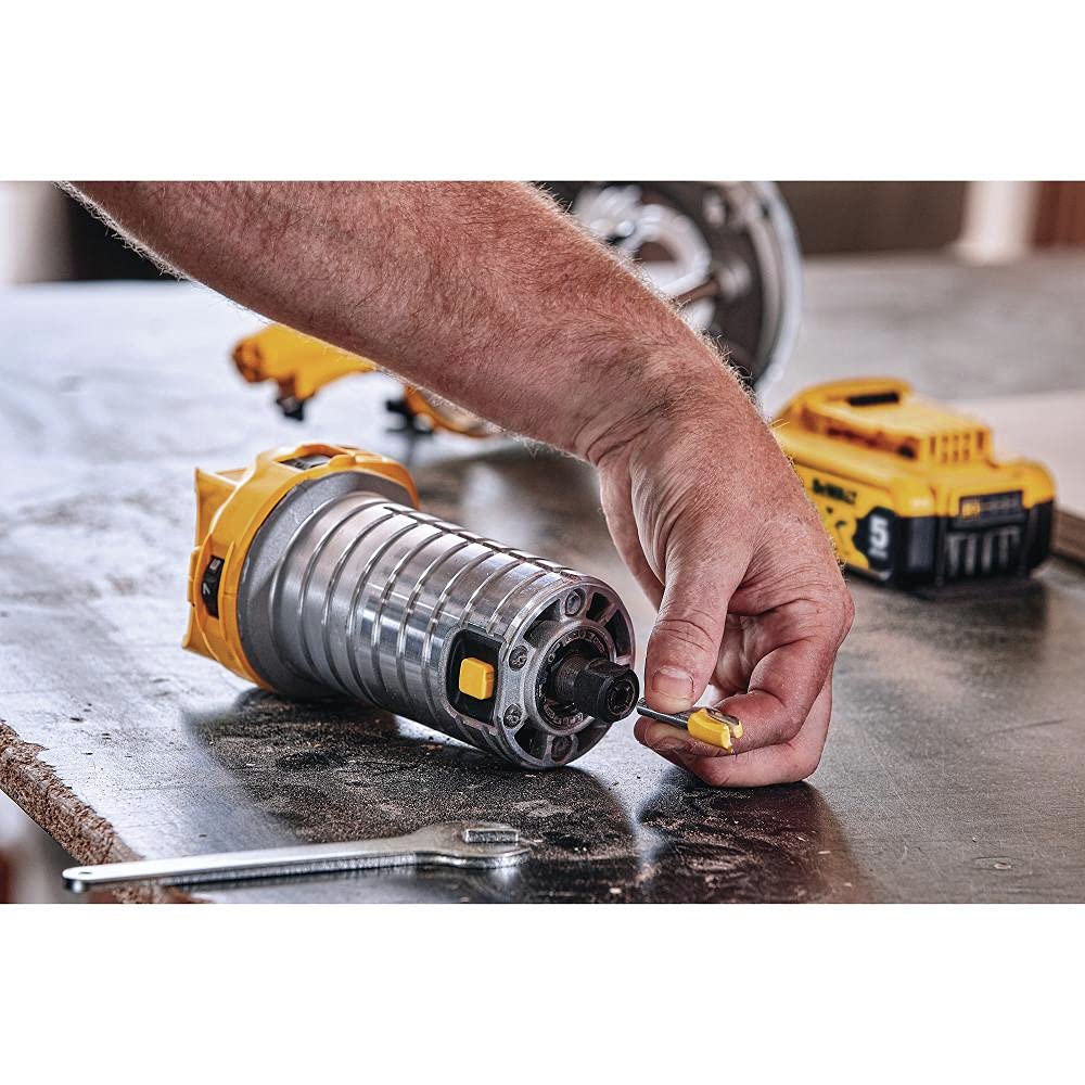 DEWALT release clamp pictured during bit change for fast tool-free swapping