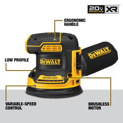 DEWALT sander close-up of sanding pad and speed switch, fast paper changes