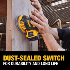 DEWALT sander with one-handed locking dust bag attached for cleaner workspace