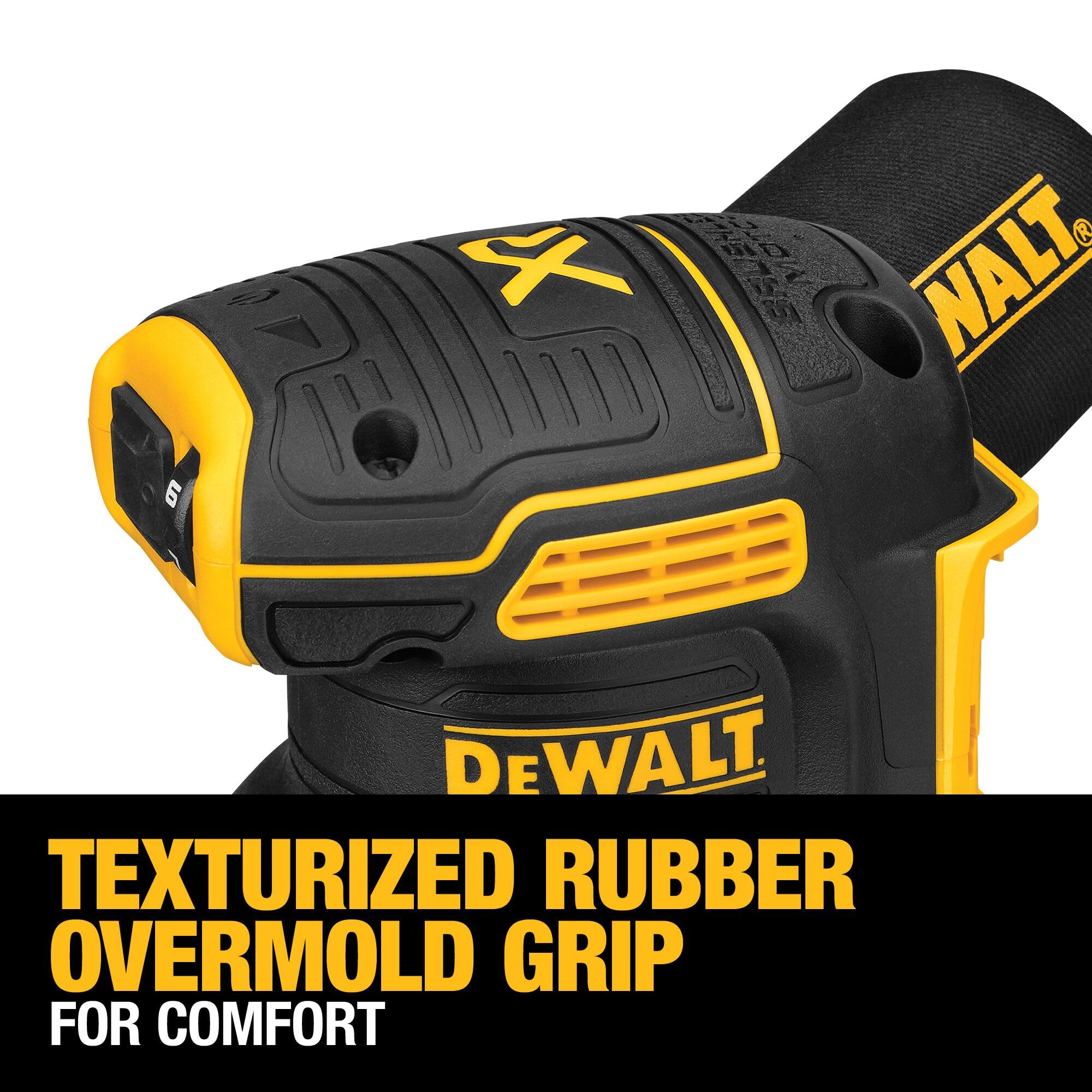 DEWALT sander in use smoothing a wood tabletop for consistent finish