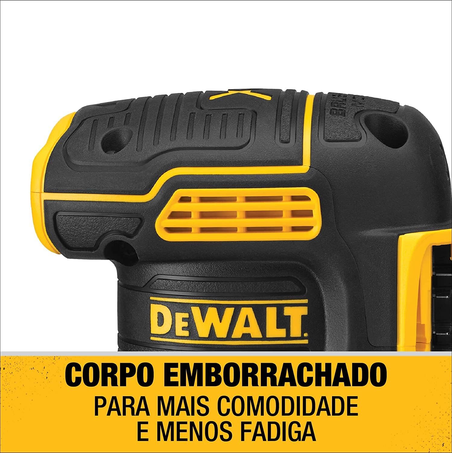 DEWALT sander beside 20V battery showing scale and cordless convenience