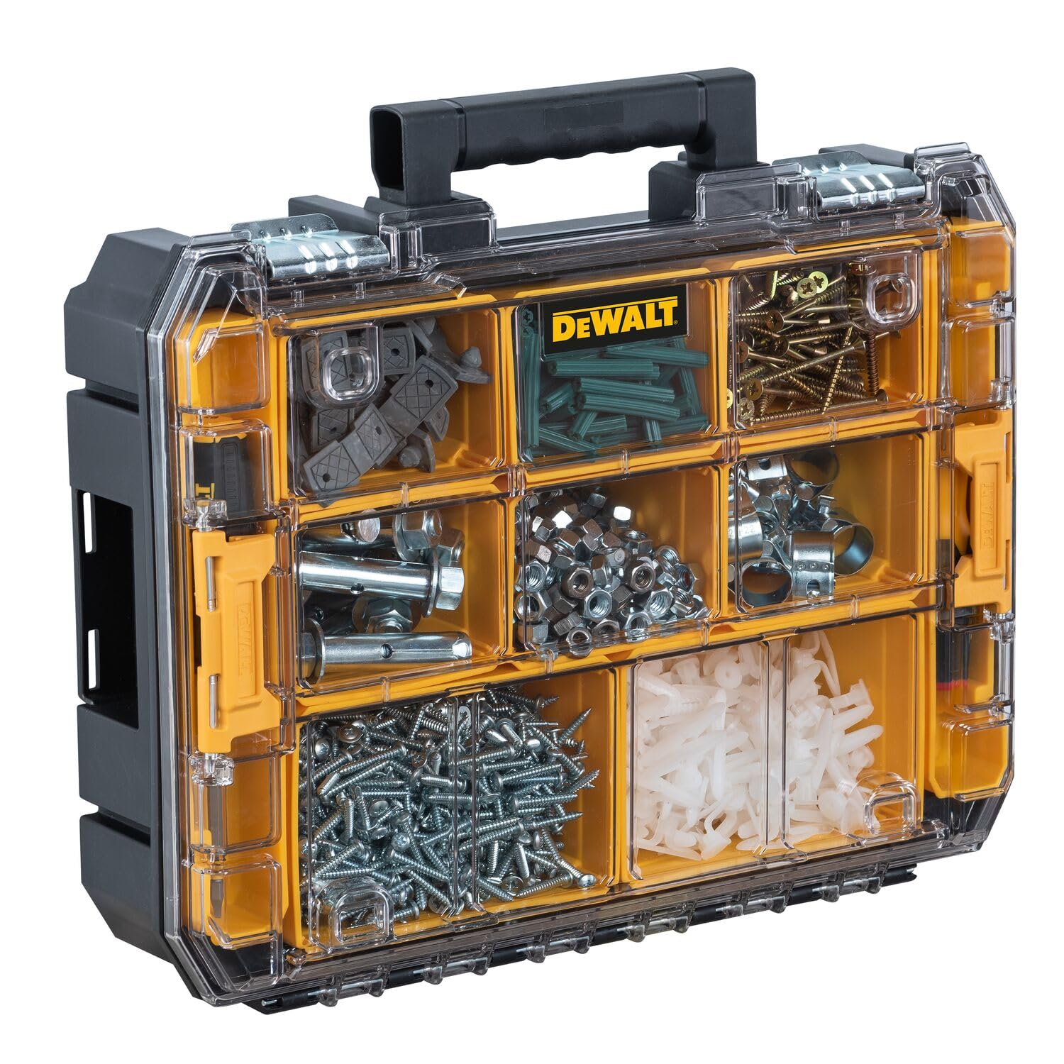DEWALT compartimentos extraíbles organizando tornillos y accesorios