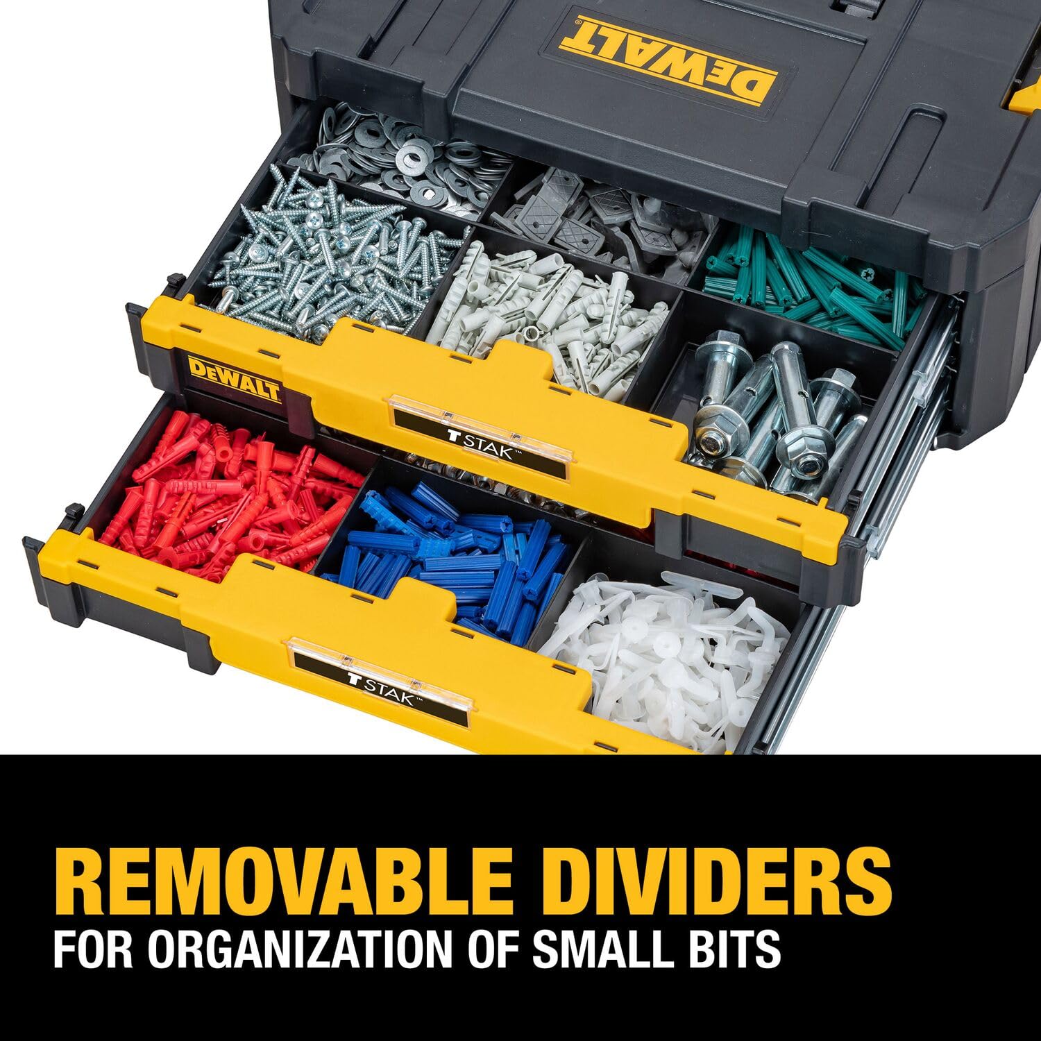 DEWALT detalle de divisores removibles que facilitan la organización