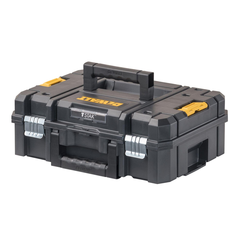 DEWALT caja TSTAK II frontal mostrando diseño resistente y fácil acceso