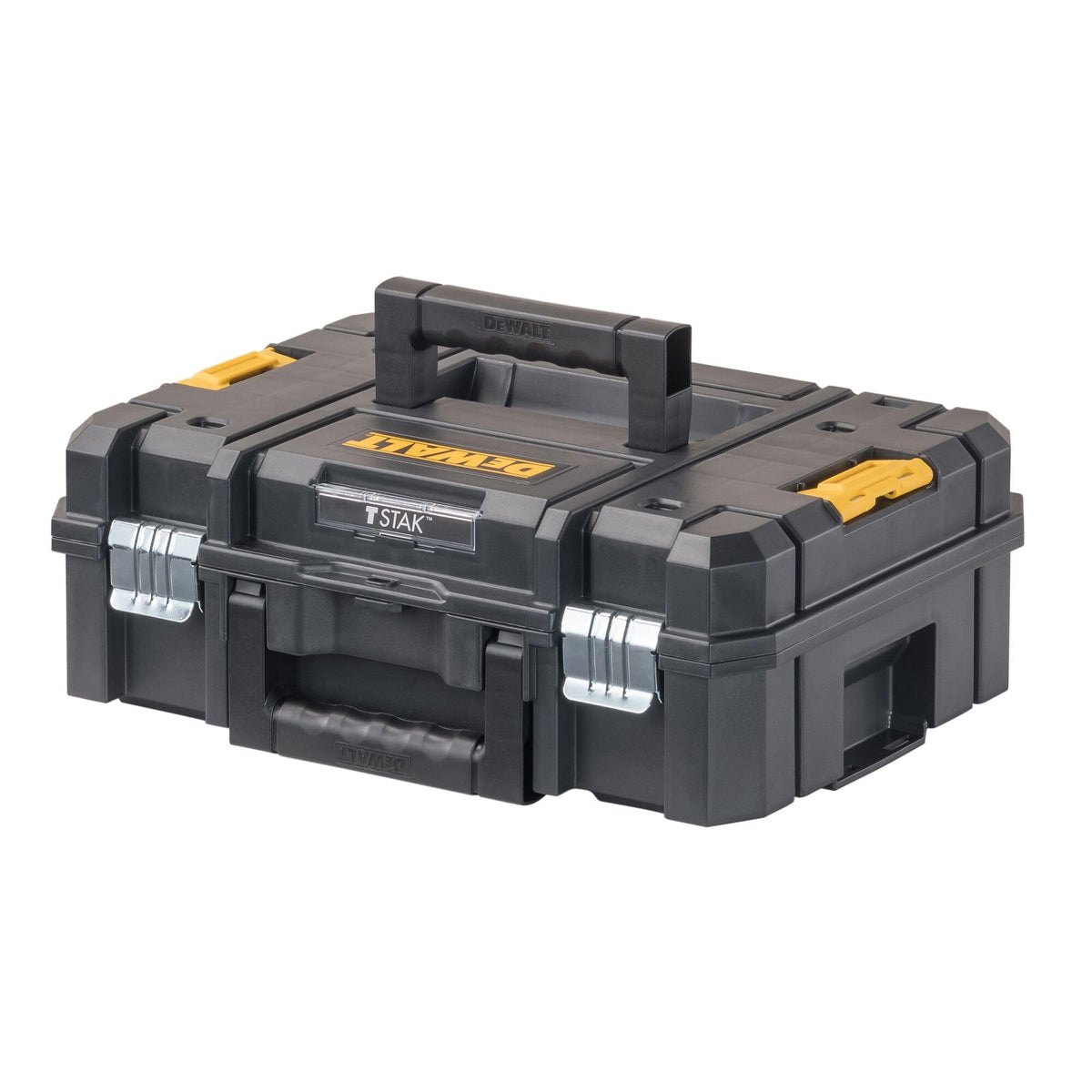DEWALT caja TSTAK II frontal mostrando diseño resistente y fácil acceso