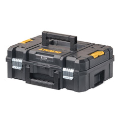 DEWALT caja TSTAK II frontal mostrando diseño resistente y fácil acceso