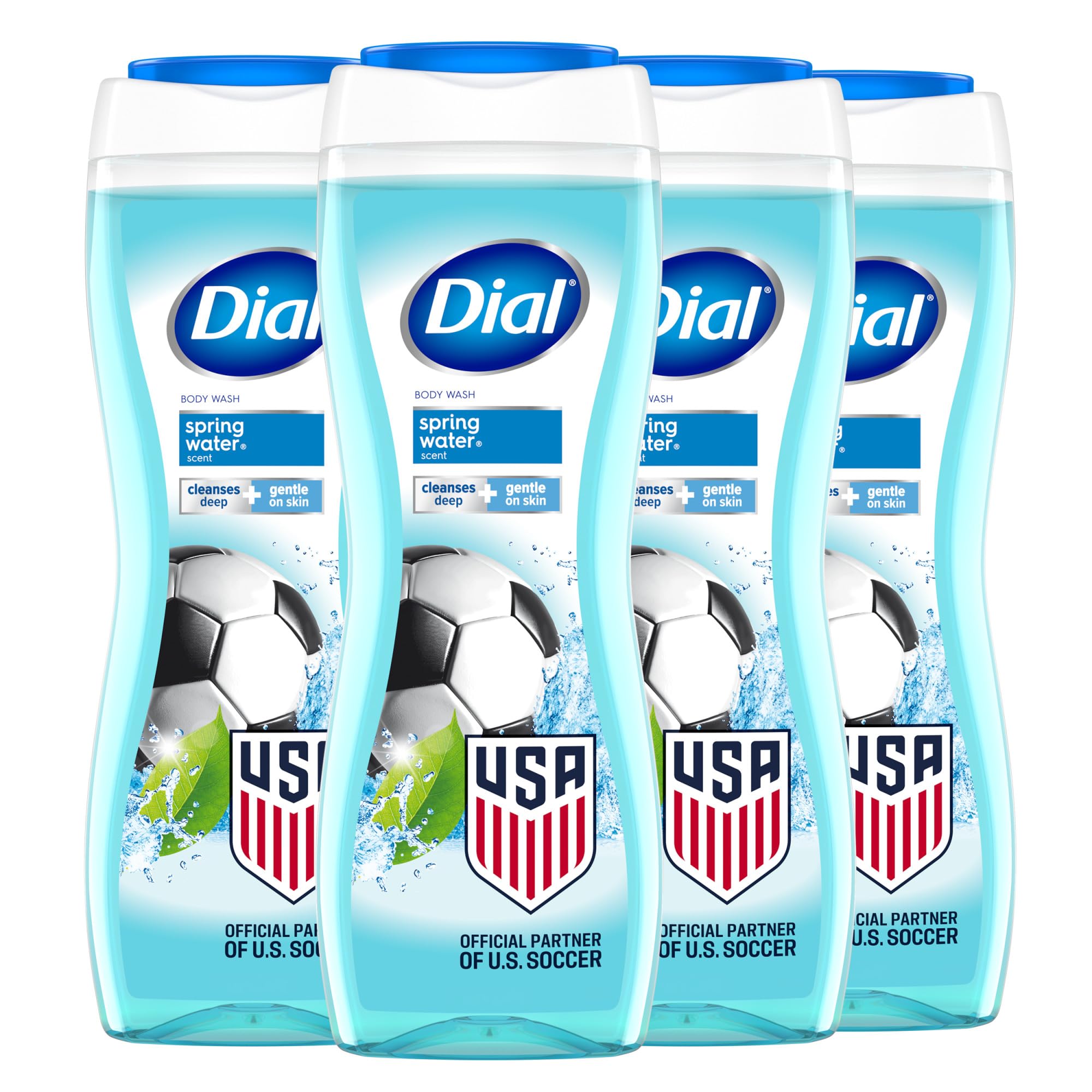 Dial gel corporal frontal muestra el envase y beneficio limpieza refrescante