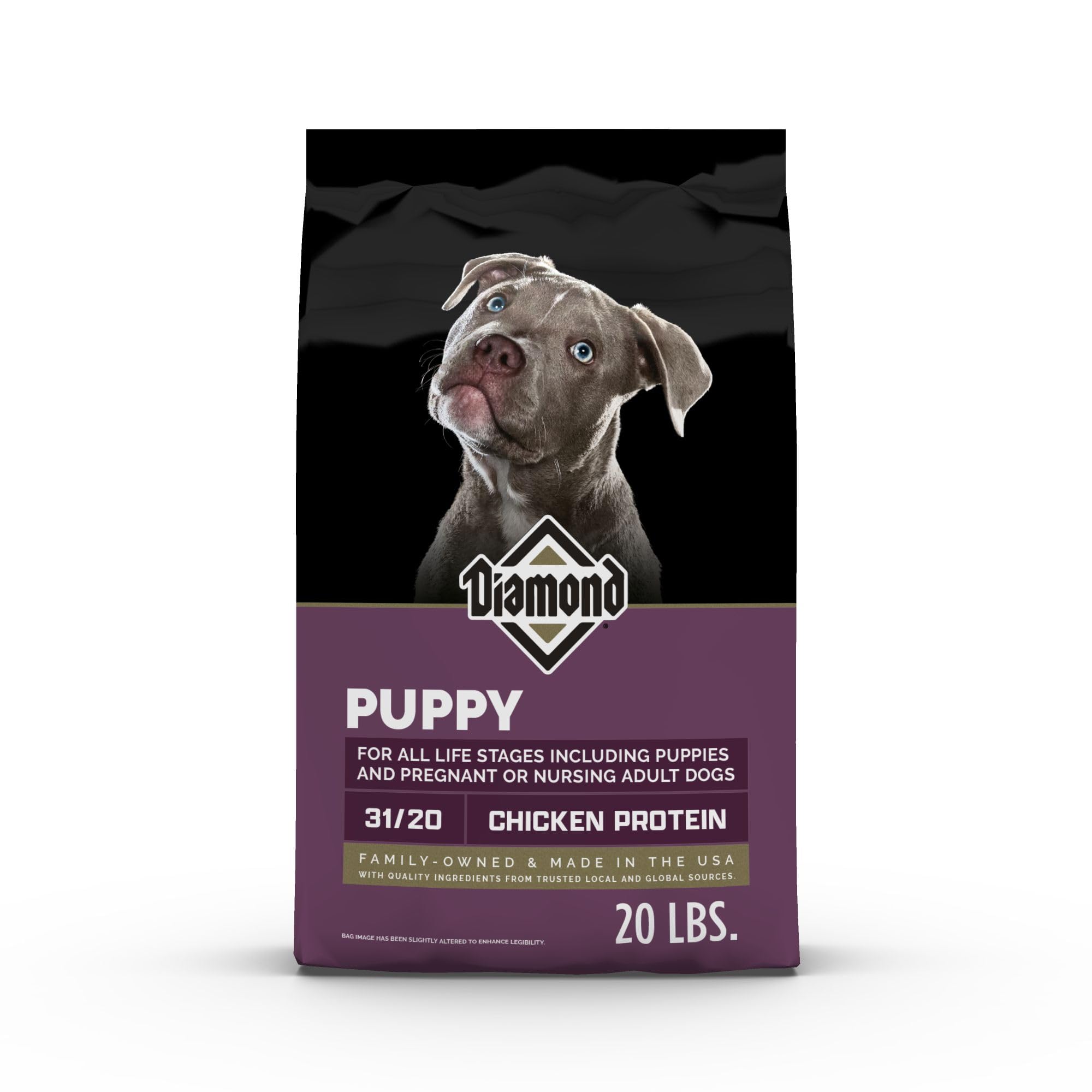DIAMOND paquete frontal de 20 lb mostrando fórmula para cachorros y beneficios