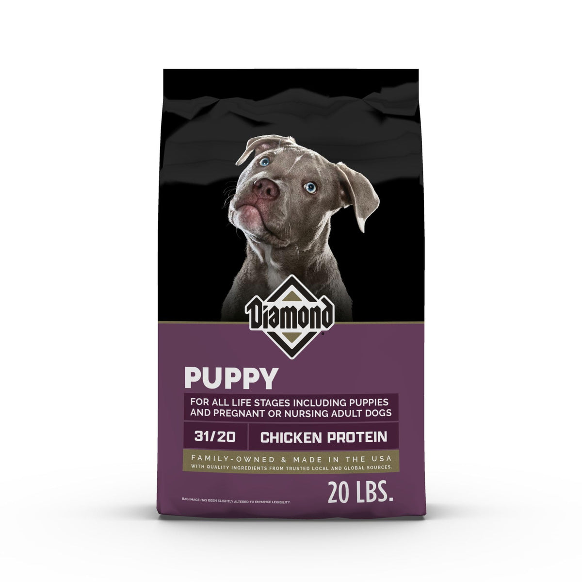 DIAMOND paquete frontal de 20 lb mostrando fórmula para cachorros y beneficios