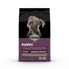 DIAMOND paquete frontal de 20 lb mostrando fórmula para cachorros y beneficios